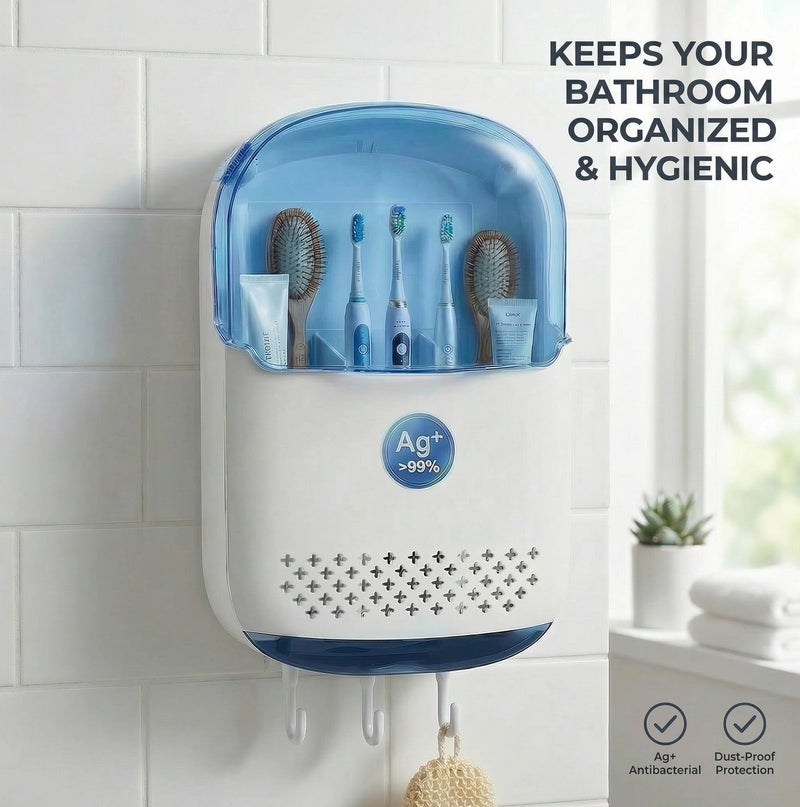 يلا اكس حامل فرشاة أسنان معلق على الحائط بسعة كبيرة، منظم حمام لفرش الأسنان الكهربائية مع غطاء واقٍ من الغبار وحامل معجون أسنان وخطافات – لون أبيض - Image 2